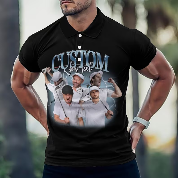 Custom Photos Text Black Polo Shirt Men Personalized Photo Black Short Sleeve Golf Shirt with Picture Printed