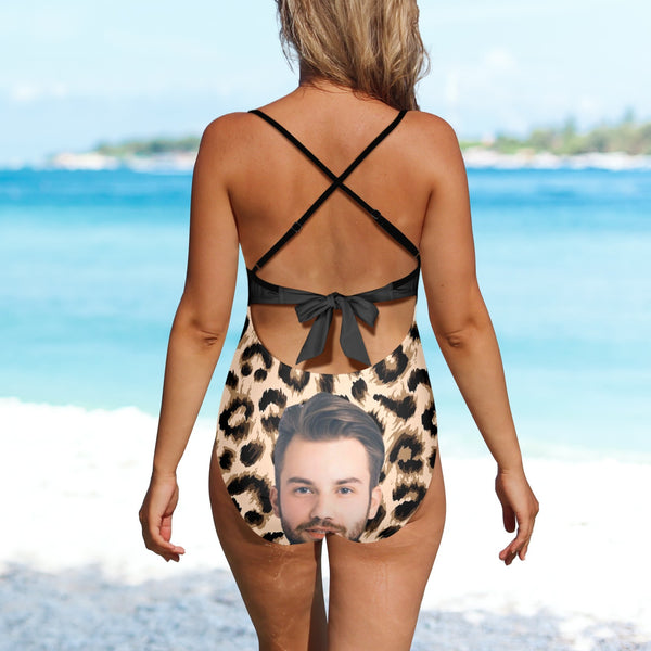 Custom Face Backless Swimsuit Personalized Face Leopard Print Black Women's Front Cutout One Piece Swimsuit