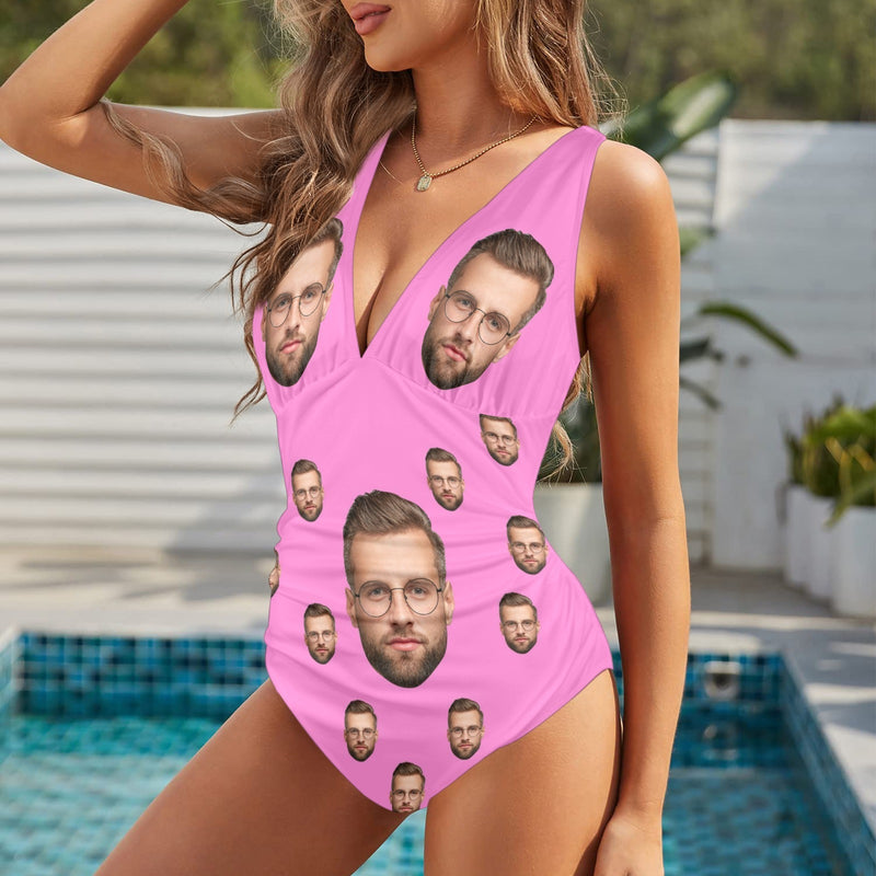 Limited Time Offer-Personalized Face Deep V Neck One Piece Swimsuit Custom Different Colors Individualized Women's Cross-back One Piece Bthingsuit