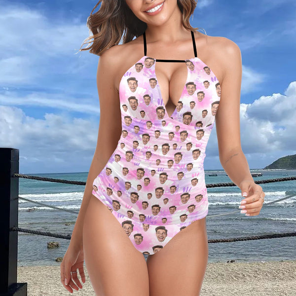 Custom Women's Halterneck Two-piece Tankini Personalized Face Pink Purple Smudge Two Piece Swimsuit
