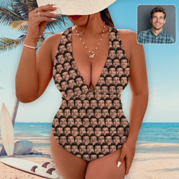 Personalized Face Deep V Neck One Piece Swimsuit Custom Seamless Multi-Face Individualized Women's Cross-back One Piece Bthingsuit
