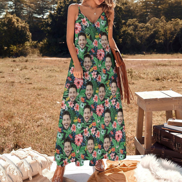 Custom Face Slip Dress Sleeveless Summer Dress Personalized Women's Face Tropical Flowers Long Slip Dress