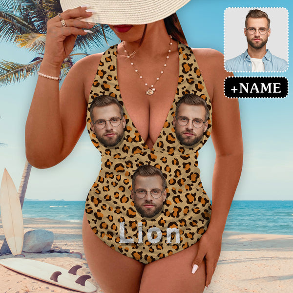 Personalized Face Deep V Neck One Piece Swimsuit Custom Leopard Print Face&Name Individualized Women's Cross-back One Piece Bthingsuit