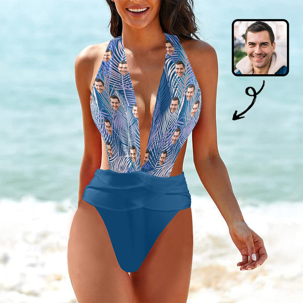 Custom Face Swimsuit Personalized Face Blue Women's Deep V-Neck Back Crossover One Piece Swimsuit