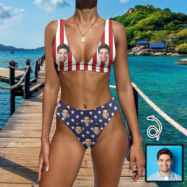 Custom Face American Flag Back Buckle Bikini Personalized Deep V Neck Triangle Bikini Beach Pool Outfits