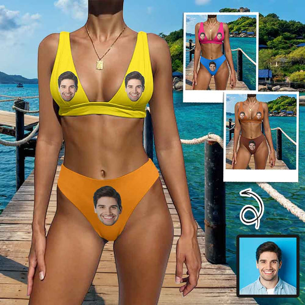 Custom Face Bright Color Back Buckle Bikini Personalized Deep V Neck Triangle Bikini Beach Pool Outfits