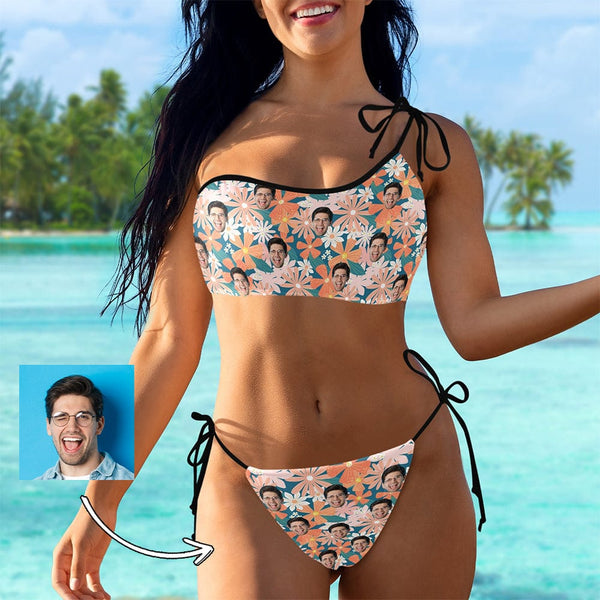 Custom Face Floral Bikini Set Personalized Women's Off-Shoulder String Swimsuit