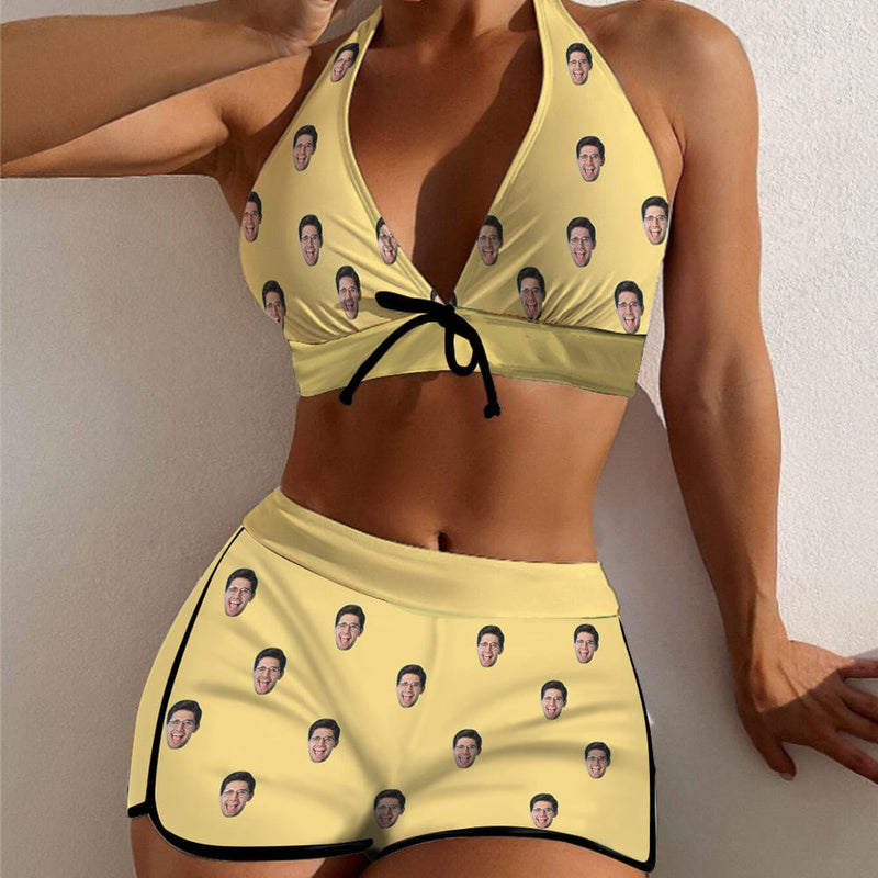 Custom Face Multiple Colors Boyshorts Bikini Set Personalized Halter V Neck Top Athletic Bathing Suit High Waisted Bikini