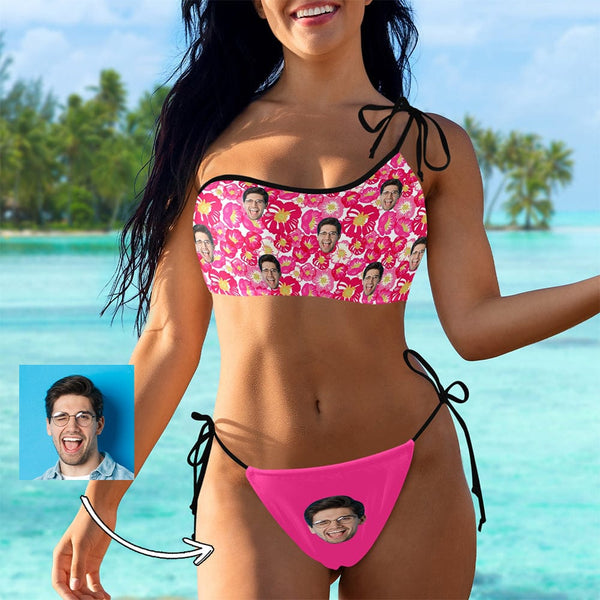 Custom Face Pink Flowers Bikini Set Personalized Women's Off-Shoulder String Swimsuit