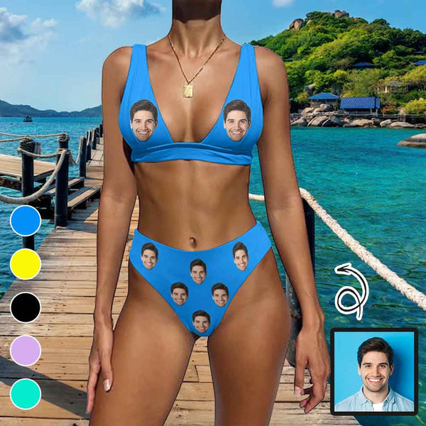 Custom Face Solid Color Back Buckle Bikini Personalized Deep V Neck Triangle Bikini Beach Pool Outfits