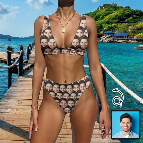 Custom Seamless Face Back Buckle Bikini Personalized Deep V Neck Triangle Bikini Beach Pool Outfits