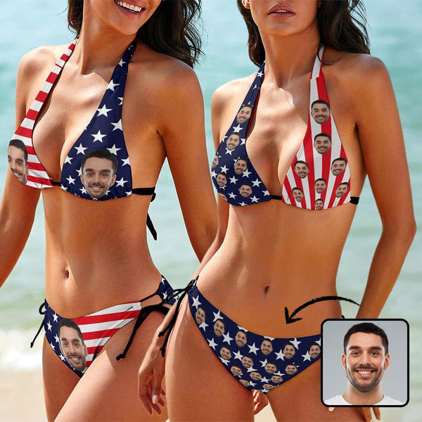 Custom Face American Flag Deep V Neck Bikini Set Halter Tie Side Low Waisted Triangle Bikini Personalized Bathing Suit