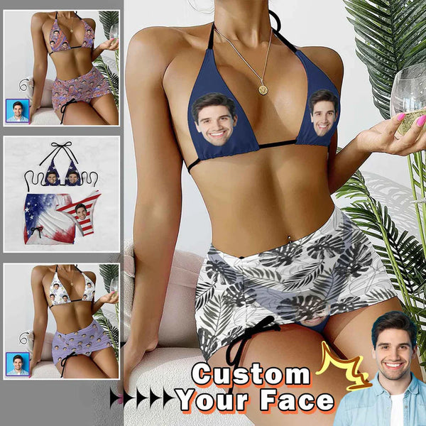 Custom Face Leaves Bikini Set For Women 3-Pieces Summer Swimsuit