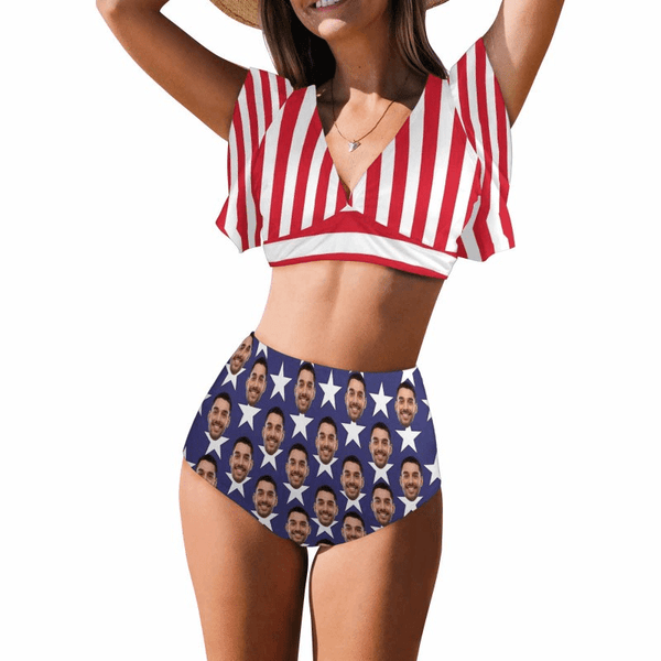 Plus Size#Custom Face American Flag Women Ruffle High Waisted Flounce Bikini Set Two Pieces Swimsuit Beachwear