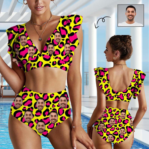#Plus Size Custom Face Yellow and Pink Leopard Women Ruffle High Waisted Flounce Bikini Set Two Pieces Swimsuit Beachwear