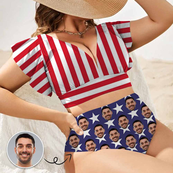 Plus Size#Custom Face American Flag Women Ruffle High Waisted Flounce Bikini Set Two Pieces Swimsuit Beachwear