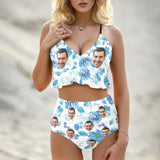 Custom Face V Neck Flounce High Waisted Bikini Personalized Bathing Suit Women's Two Piece Ruffle Hem Bikini