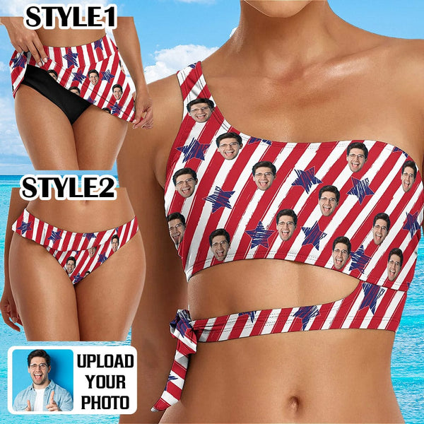 Custom Face American Flag Bikini Top&Bottom One Shoulder Bikini Top Split Bikini