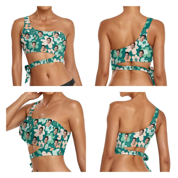Custom Face Green Flowers Bikini Top&Bottom One Shoulder Bikini Top Split Bikini