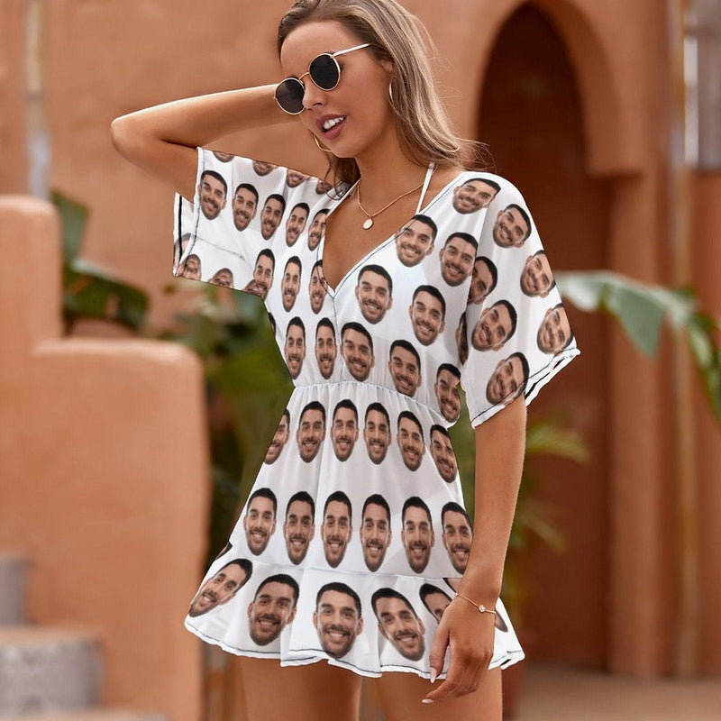 Custom Face Multicolor One Piece Cover Up Dress Personalized Women's Short Sleeve Beachwear Coverups