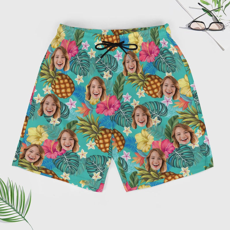 Special Offer#Personalized Face Swim Trunks Custom Face Pineapple Flowers Quick Dry Men's Swim Shorts