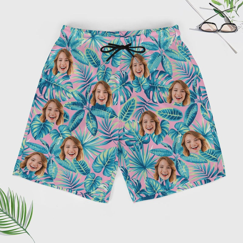 Personalized Face Swim Trunks Custom Face Blue Leaves Pink Background Quick Dry Men's Swim Shorts