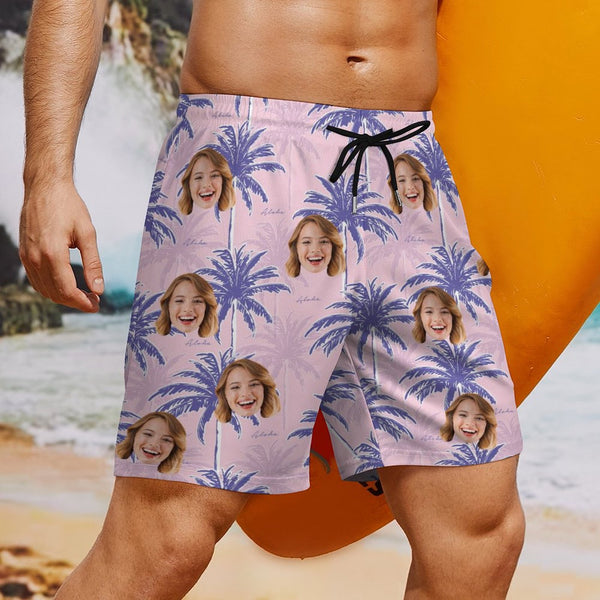 Personalized Face Swim Trunks Custom Face Coconut Tree Quick Dry Men's Swim Shorts