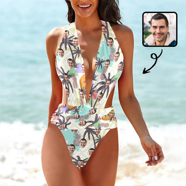 Custom Face Swimsuit Personalized Women's Deep V-Neck Back Crossover One Piece Swimsuit