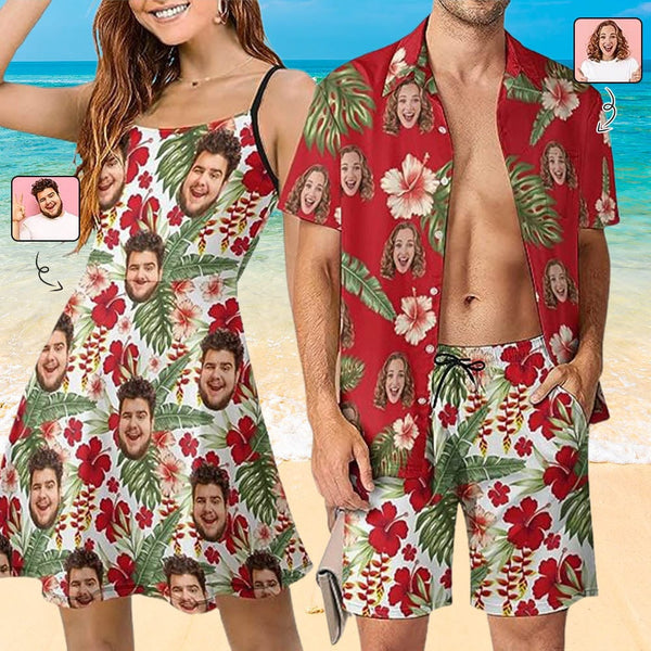 Custom Face Women Dress and Men Outfit For Couples Personalized Face Couple Matching Shirt Shorts And Dress
