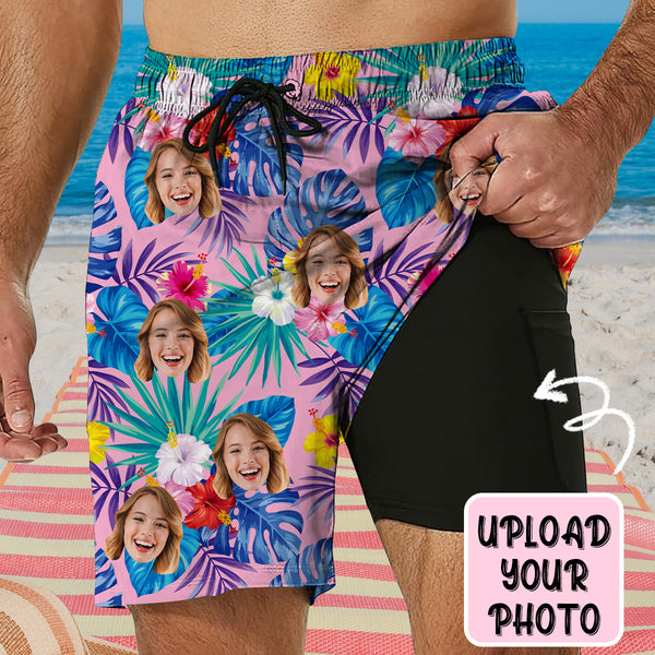 Personalized Face Swim Trunks Custom Face Colorful Flowers Pink Background Quick Dry Men's Swim Shorts