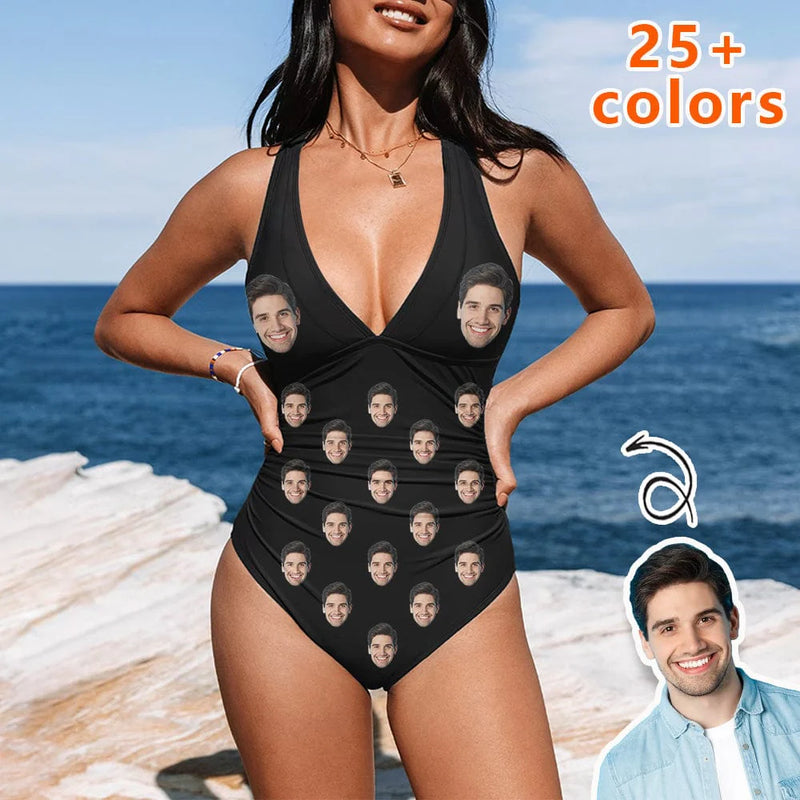 26+ Colors Custom Big Funny Face Women's V-Neck One Piece Swimsuit Personalized Women's Tank Top Bathing Swimsuit Honeymoons For Her