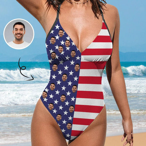 Custom Face American Flag Personalized V-Neck Women's One Piece Swimsuit