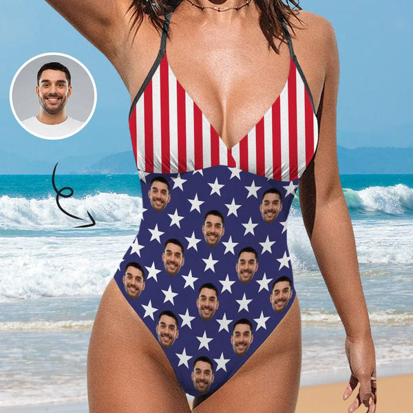 Custom Face American Flag Personalized V-Neck Women's One Piece Swimsuit