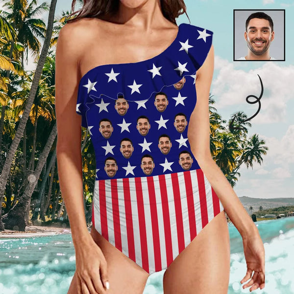 Custom Face American Flag Pentagram Swimsuit Personalized Women's One Shoulder Ruffle One Piece Bathing Suit