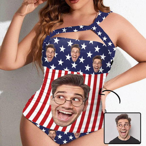 Plus Size#Custom Face American Flag Tankini With Face Personalized Face Women's One Shoulder Two Piece Bathing Suit