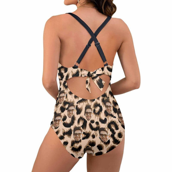 Custom Face Leopard Print Women's Twist Front Tie Back One Piece Swimsuit Face Bathing Suit