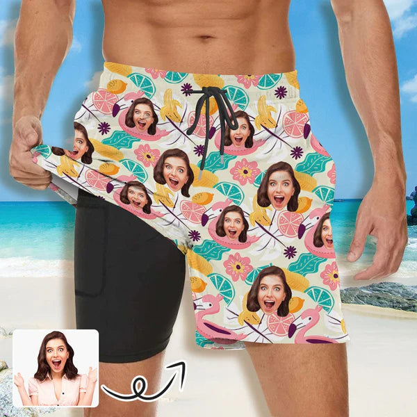 Custom Face Flowers Fruit Men's Quick Dry 2 in 1 Surfing & Swim Shorts Beach Shorts Male Gym Fitness Shorts