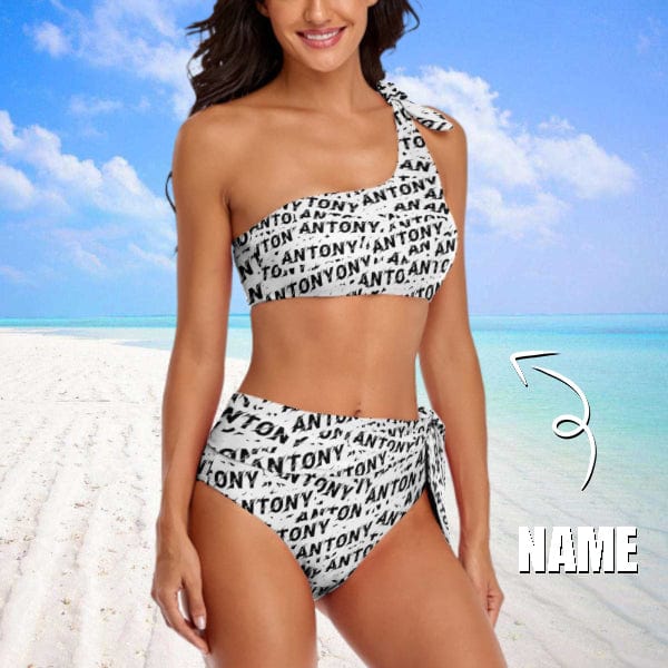 Custom Name Seamless Swimsuit Personalized One Shoulder Tie Crop Top&High-Waisted Bikini