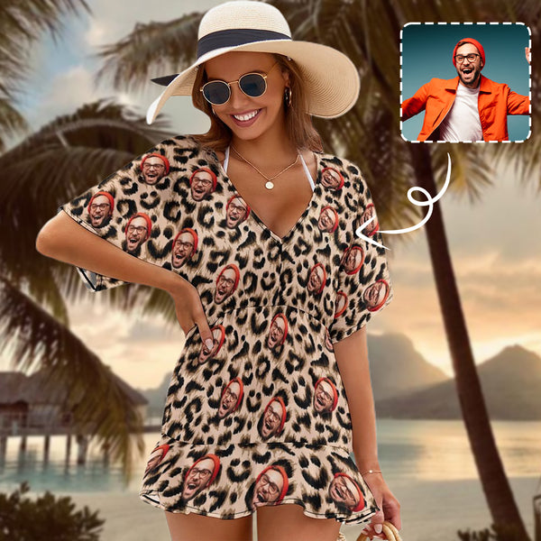 Custom Face Leopard Print One Piece Cover Up Dress Personalized Women's Short Sleeve Beachwear Cover up