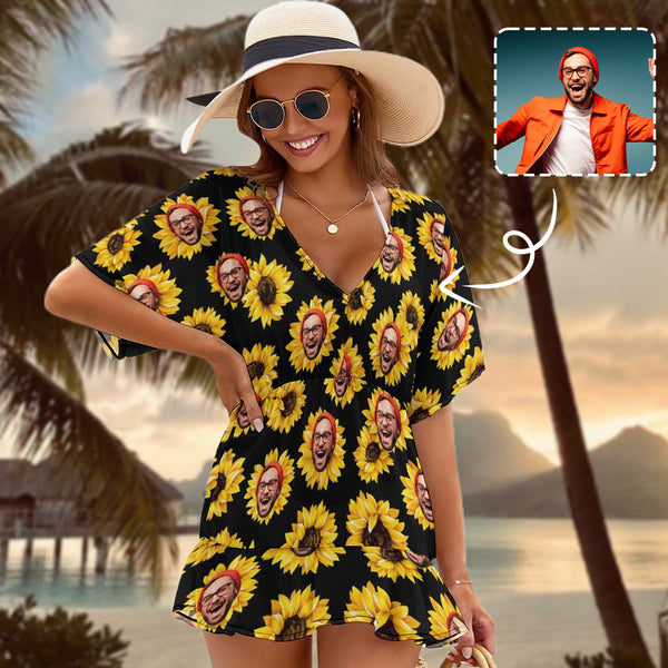Custom Face Sunflower Black One Piece Cover Up Dress Personalized Women's Short Sleeve Beachwear Cover up