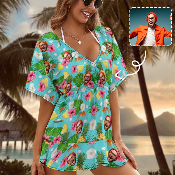 Custom Face Pineapple Blue One Piece Cover Up Dress Personalized Women's Short Sleeve Beachwear Cover up