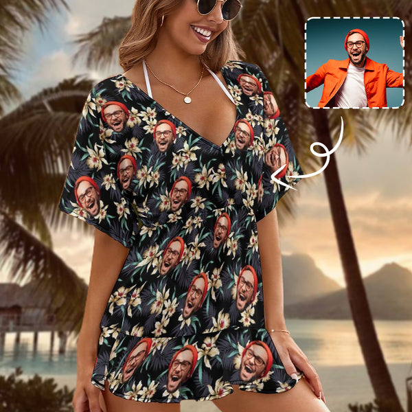 Custom Face Flower One Piece Cover Up Dress Personalized Women's Short Sleeve Beachwear Cover up