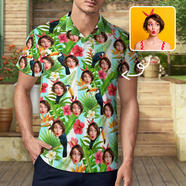 Custom Girlfriend Face Colorful Plant Polo Shirt For Men Personalized Hawaiian Shirt Gift