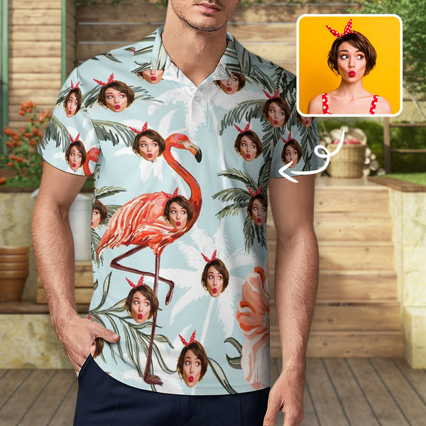 Custom Girlfriend Face Flamingo Polo Shirt For Men Personalized Hawaiian Shirt Gift