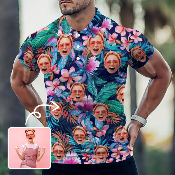 Custom Face Tropical plants Polo Shirt Personalized Hawaiian Shirt For Men