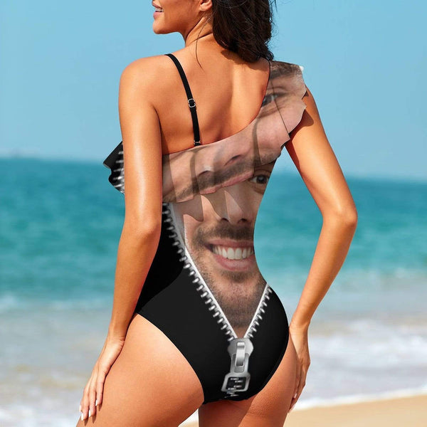 Custom Face Zipper Lover Swimsuit Personalized Women's Shoulder Ruffle One Piece Bathing Suit Honeymoons For Her