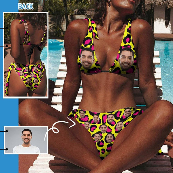 Custom Face Yellow Leopard Women's Back Strap Sexy Bikini Swimsuit Honeymoons For Her