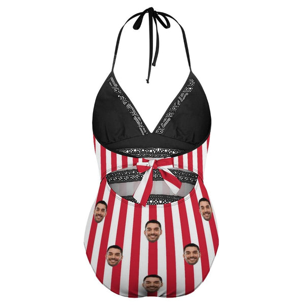 #Plus Size Swimsuit-Custom Face American Flag Swimsuits Personalized Women's New Strap One Piece Bathing Suit Celebrate Holiday