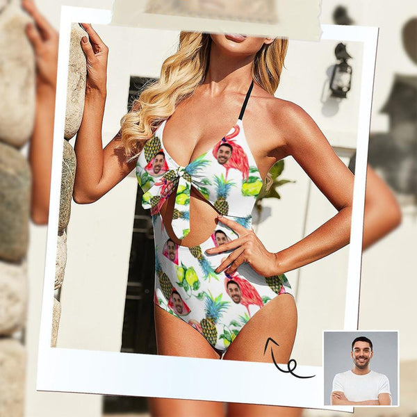 Custom Face Flamingo Fruits Women's Backless Bow One Piece Swimsuit