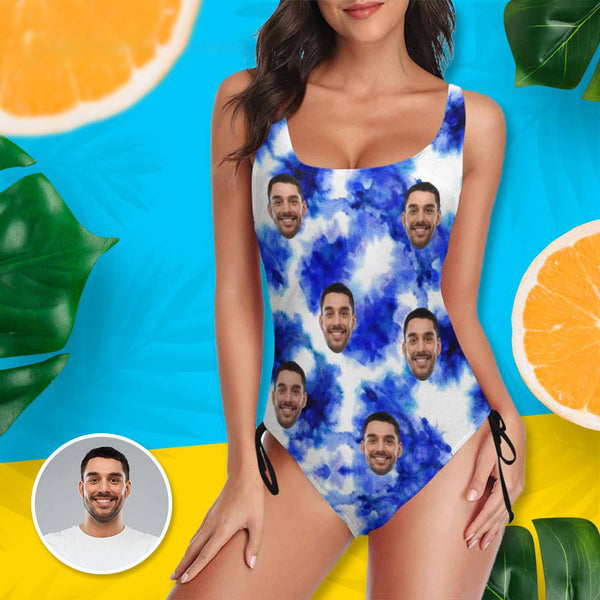 Custom White&Blue Face Swimsuit Personalized Women's New Drawstring Side One Piece Bathing Suit Party For Her